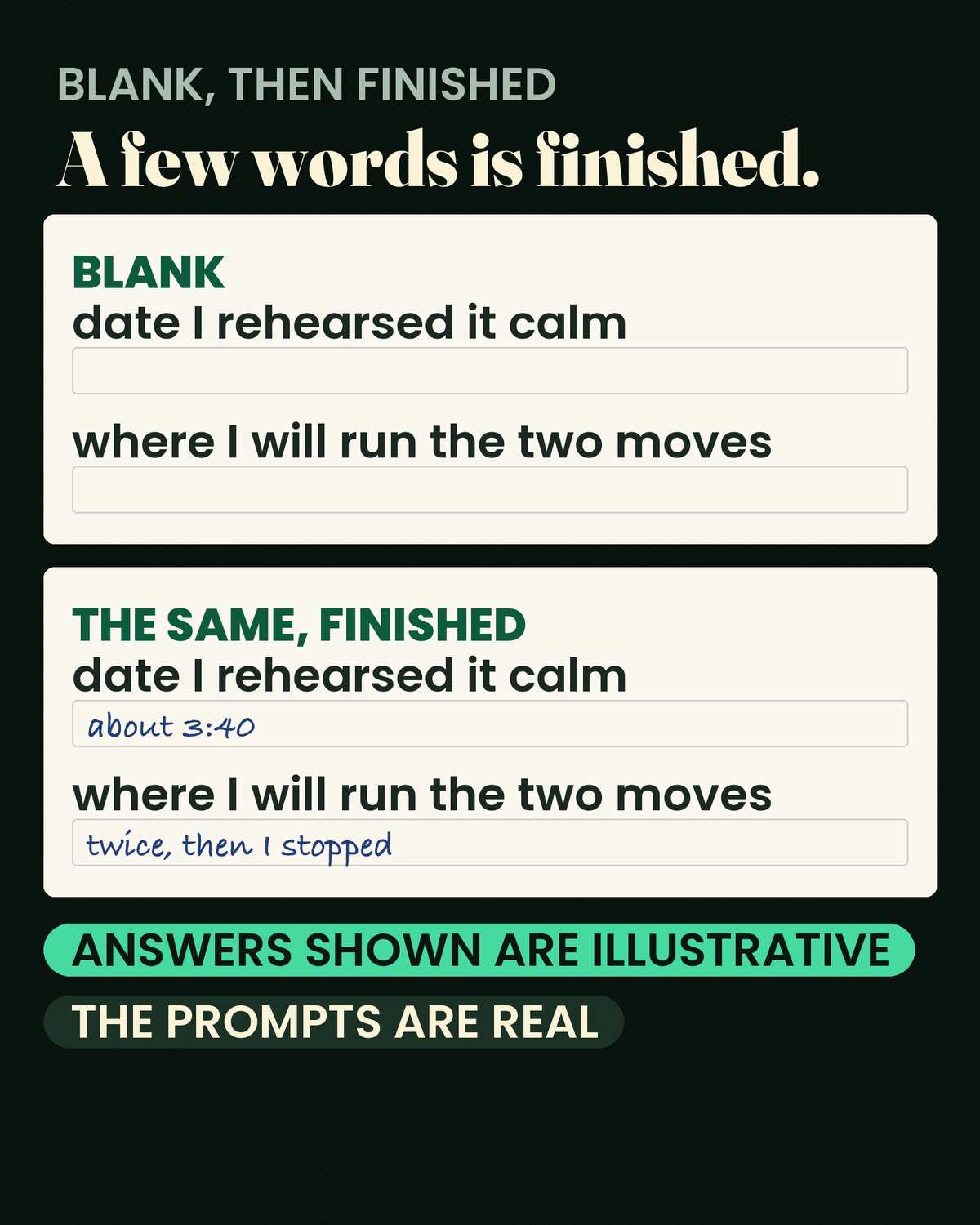 Panic Attack at Work — A blank worksheet, and the same sheet completed. Finished means a few words, not an essay