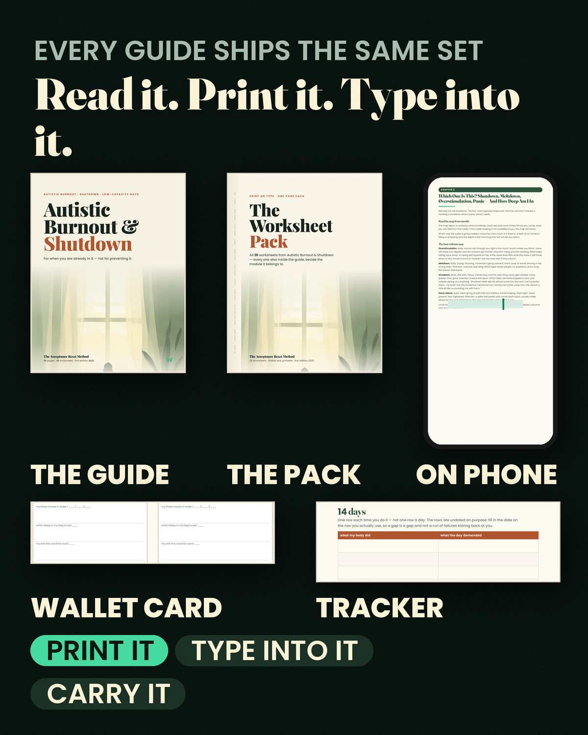 Autistic Burnout & Shutdown — Every format: the guide, the spiral worksheet pack, and the fillable twin you type into