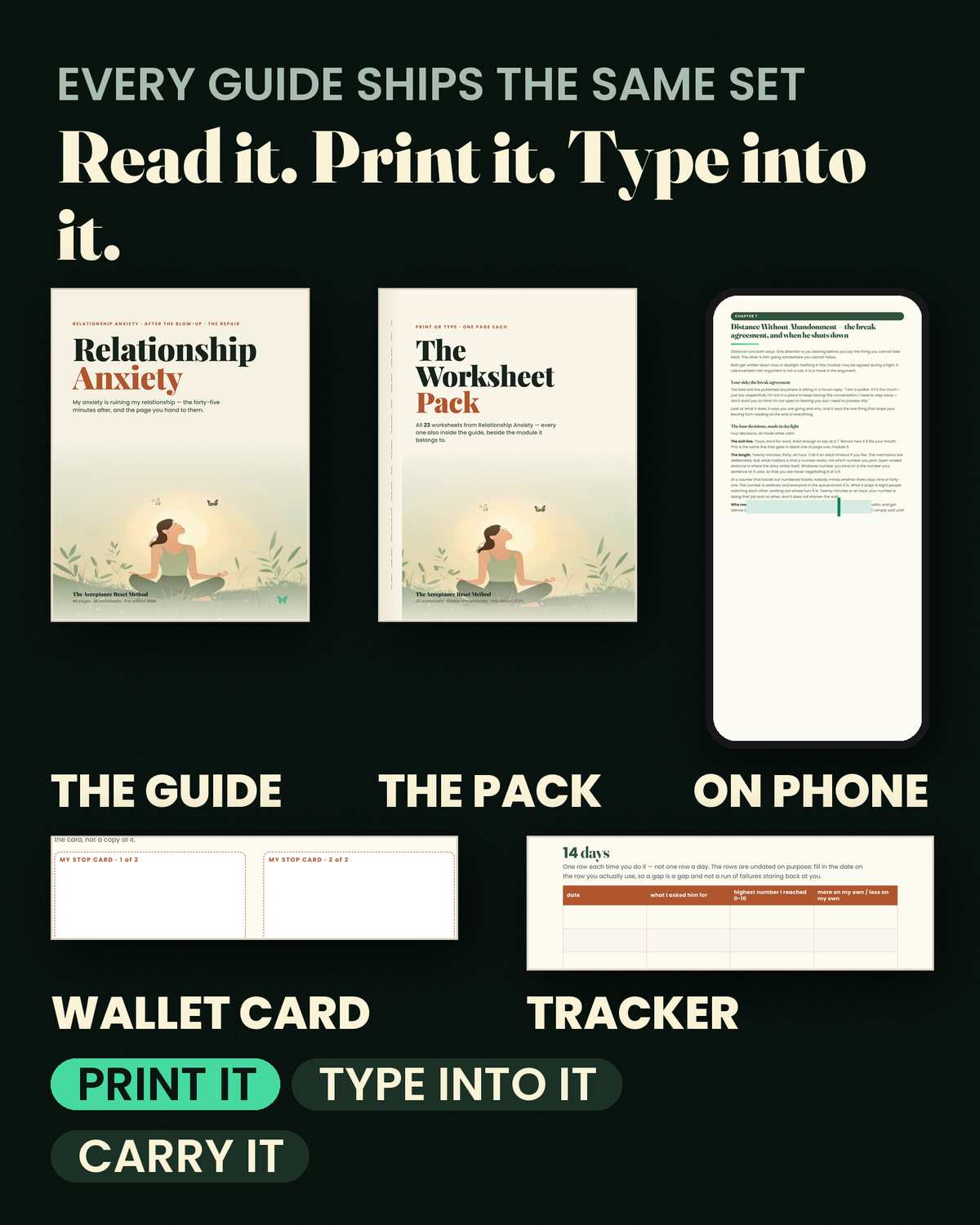 Relationship Anxiety — Every format: the guide, the spiral worksheet pack, and the fillable twin you type into