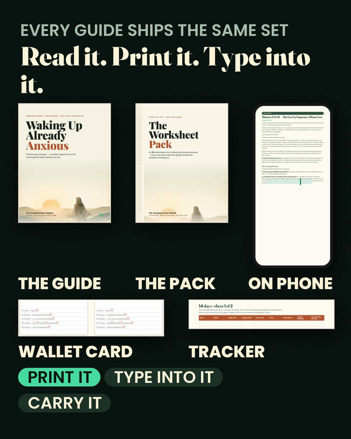 Waking Up Already Anxious — Every format: the guide, the spiral worksheet pack, and the fillable twin you type into