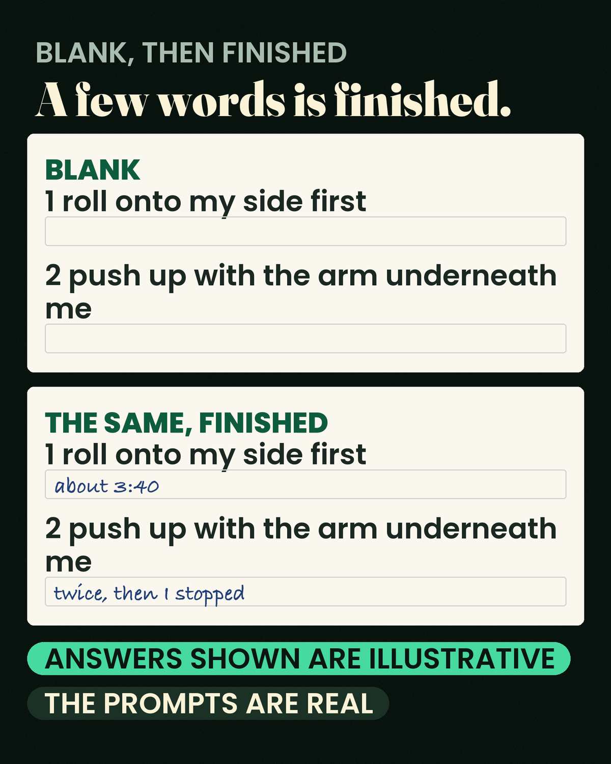 Waking Up Already Anxious — A blank worksheet, and the same sheet completed. Finished means a few words, not an essay