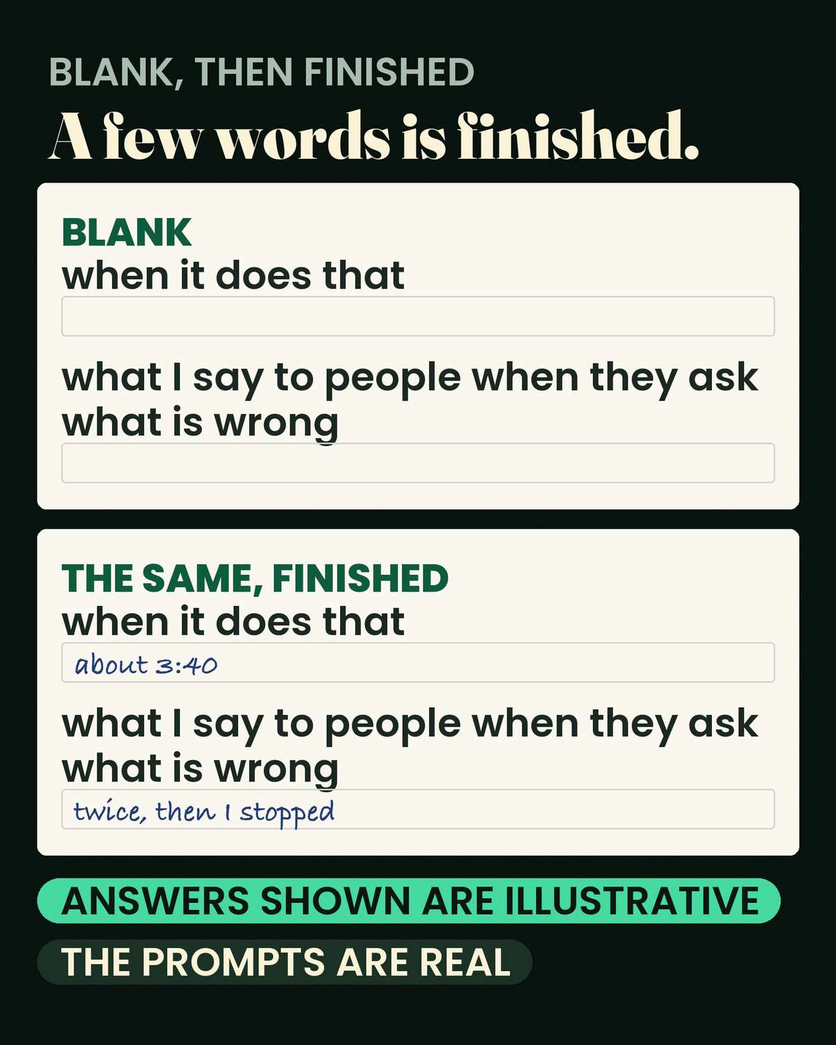 The Nervous System Reset — A blank worksheet, and the same sheet completed. Finished means a few words, not an essay