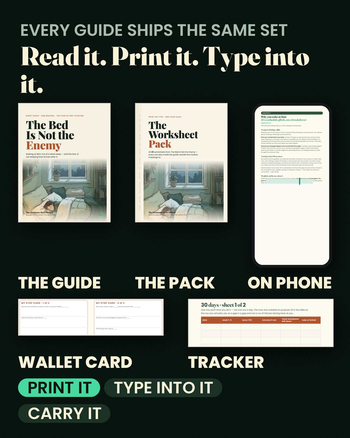 The Bed Is Not the Enemy — Every format: the guide, the spiral worksheet pack, and the fillable twin you type into