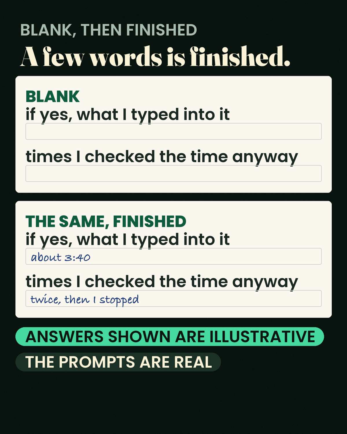 The Bed Is Not the Enemy — A blank worksheet, and the same sheet completed. Finished means a few words, not an essay
