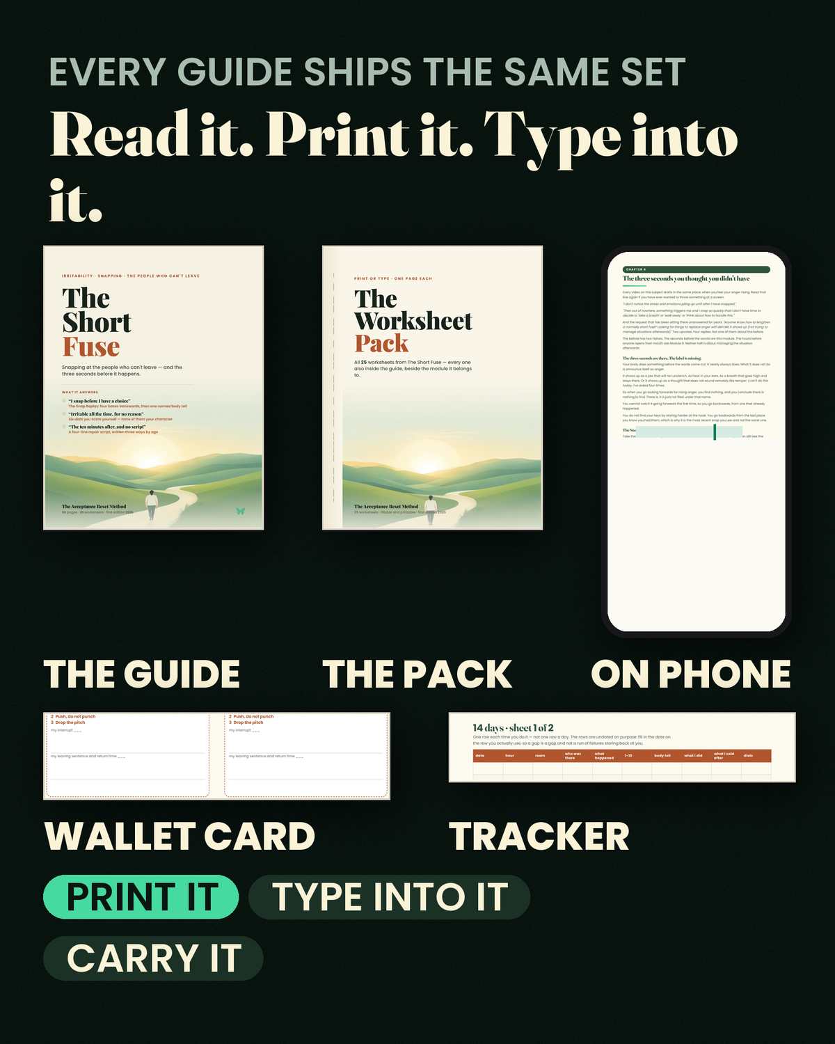 The Short Fuse — Every format: the guide, the spiral worksheet pack, and the fillable twin you type into