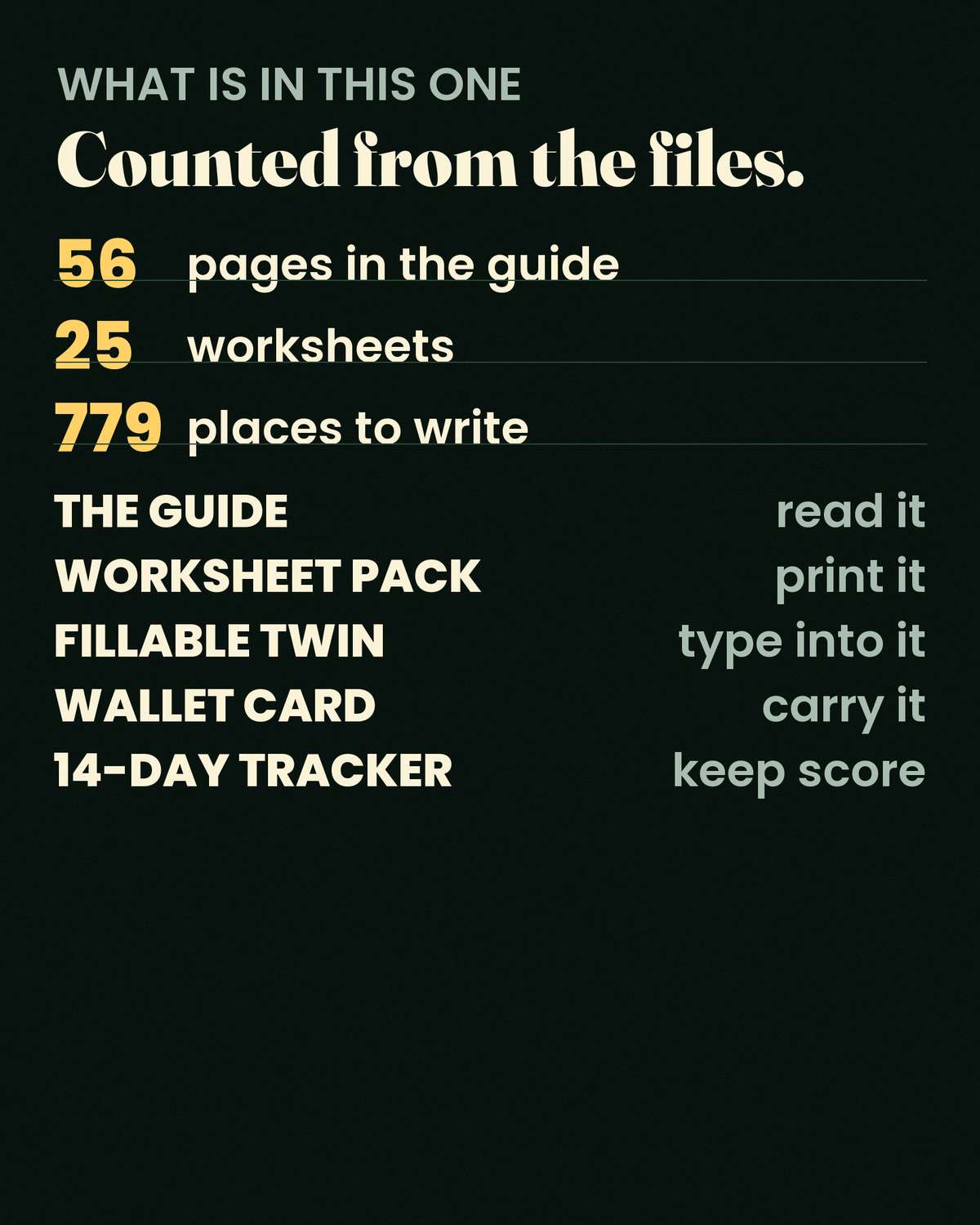 The Short Fuse — 56 pages · 25 worksheets · 779 places to write — counted from the files you download