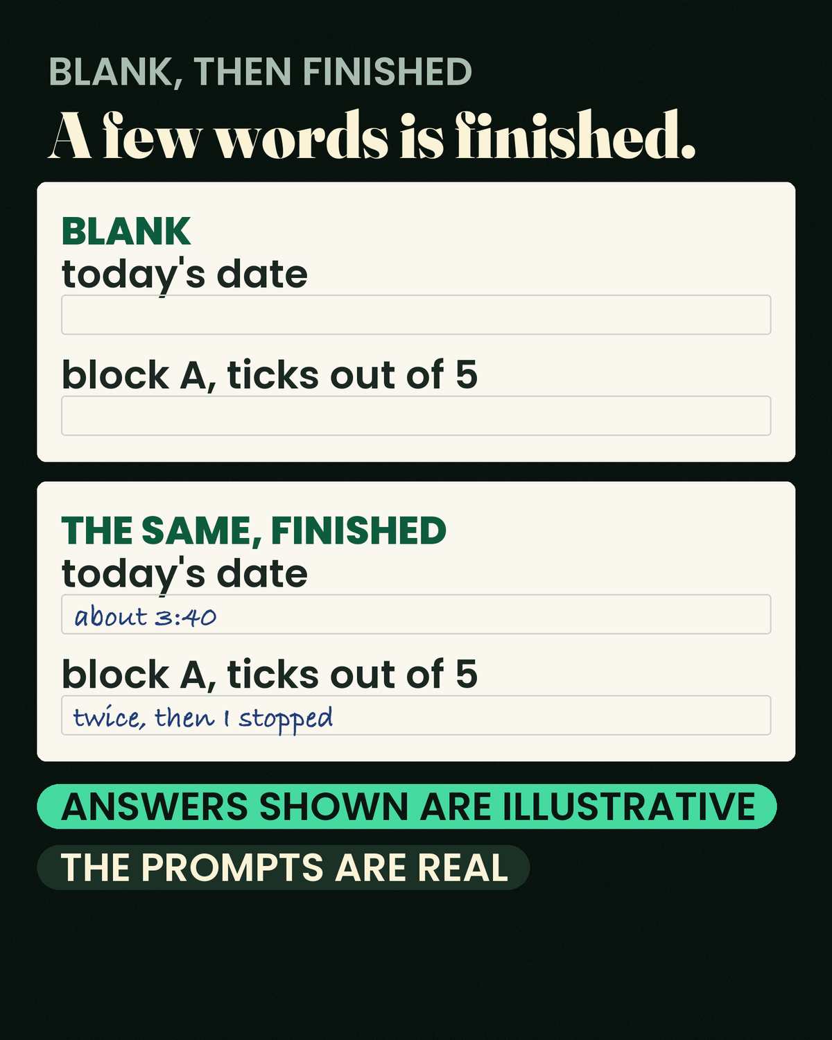 The Short Fuse — A blank worksheet, and the same sheet completed. Finished means a few words, not an essay