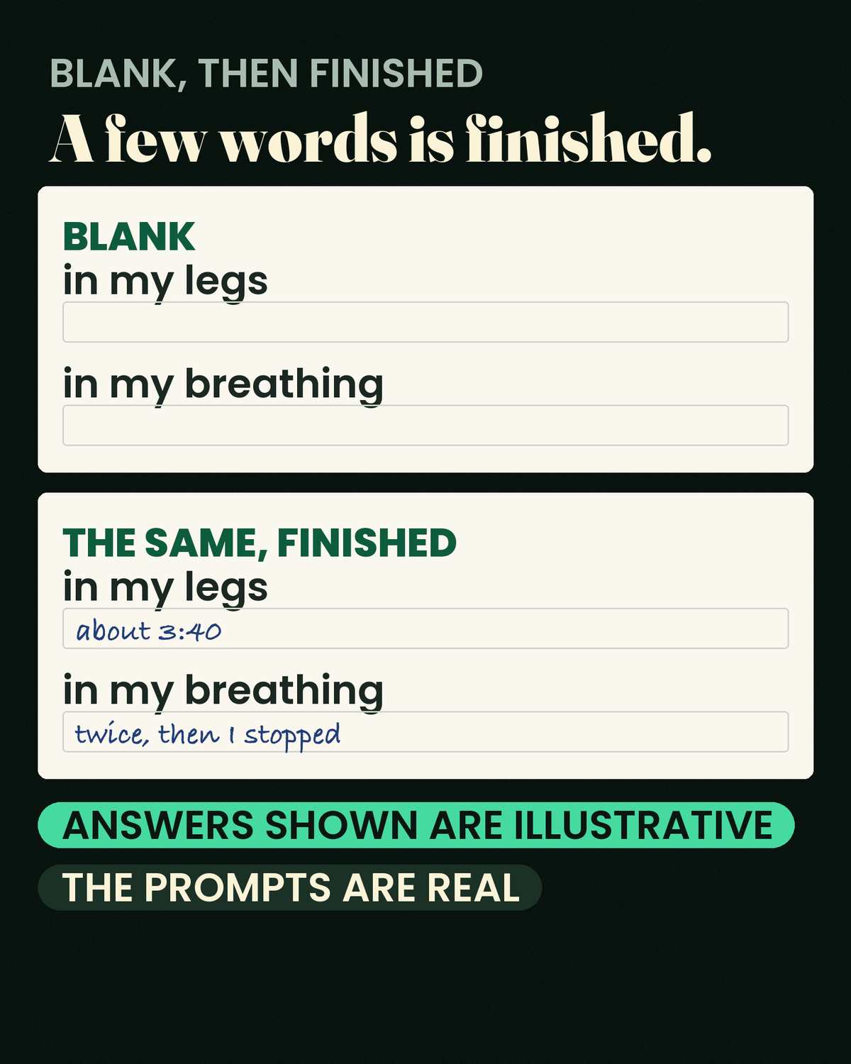 Somatic Shaking, Step by Step — A blank worksheet, and the same sheet completed. Finished means a few words, not an essay
