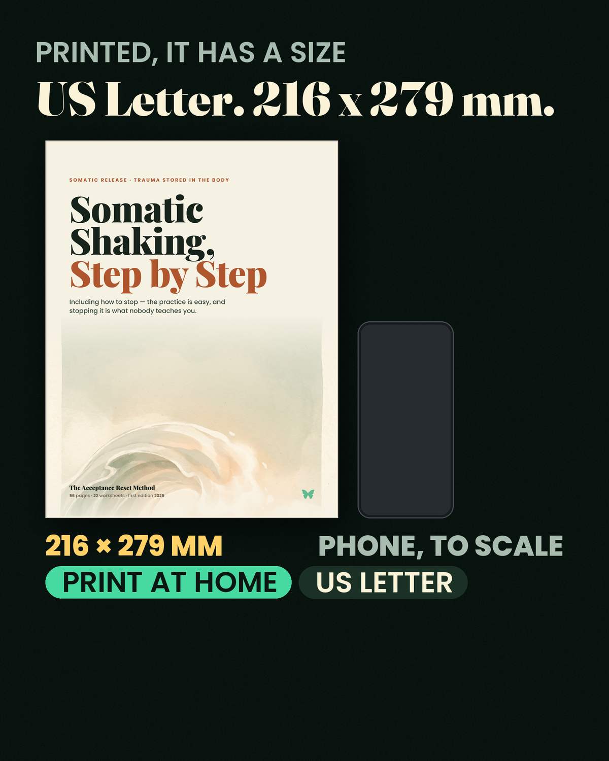 Somatic Shaking, Step by Step — Printed at US Letter, 216 × 279 mm — it sits where you need it
