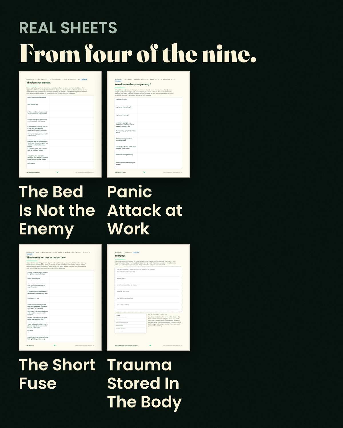 Interior pages from four of the nine guides